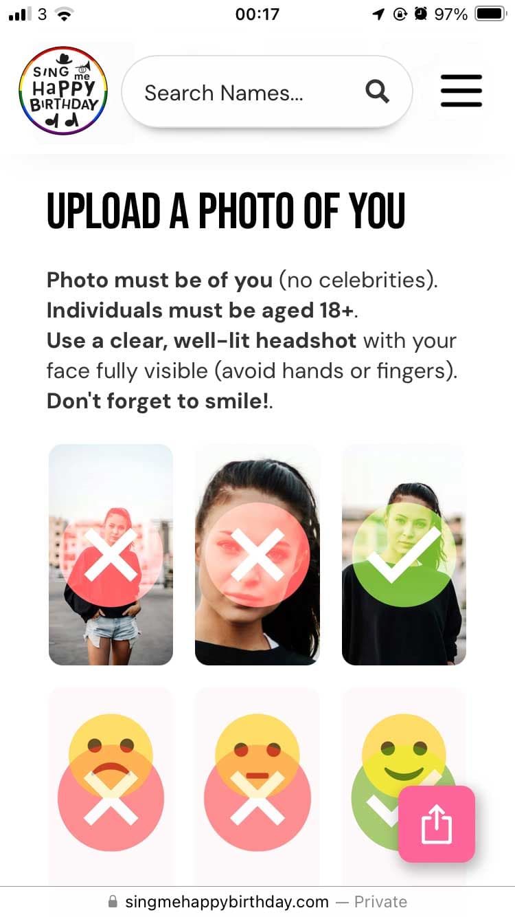 Photo upload interface with guidelines