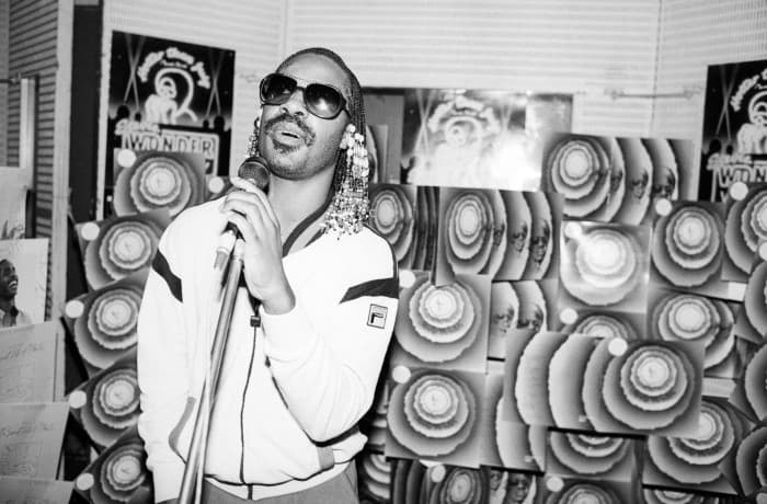 Stevie Wonder in the recording studio working on Hotter Than July album